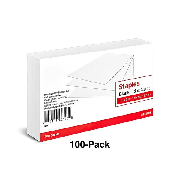 TRU RED WHITE 3X5 UNRULED INDEX CARDS 100PK